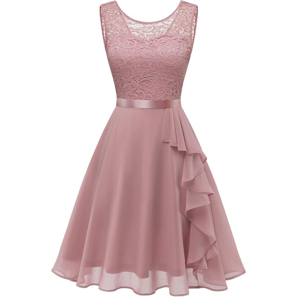 Women's Short Lace Cocktail Dress Ruffle Hem Sleeveless Formal Gown